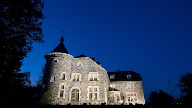 Eine große Steinschlossburg mit mehreren Türmen und Rundbogenfenstern, umgeben von Bäumen.