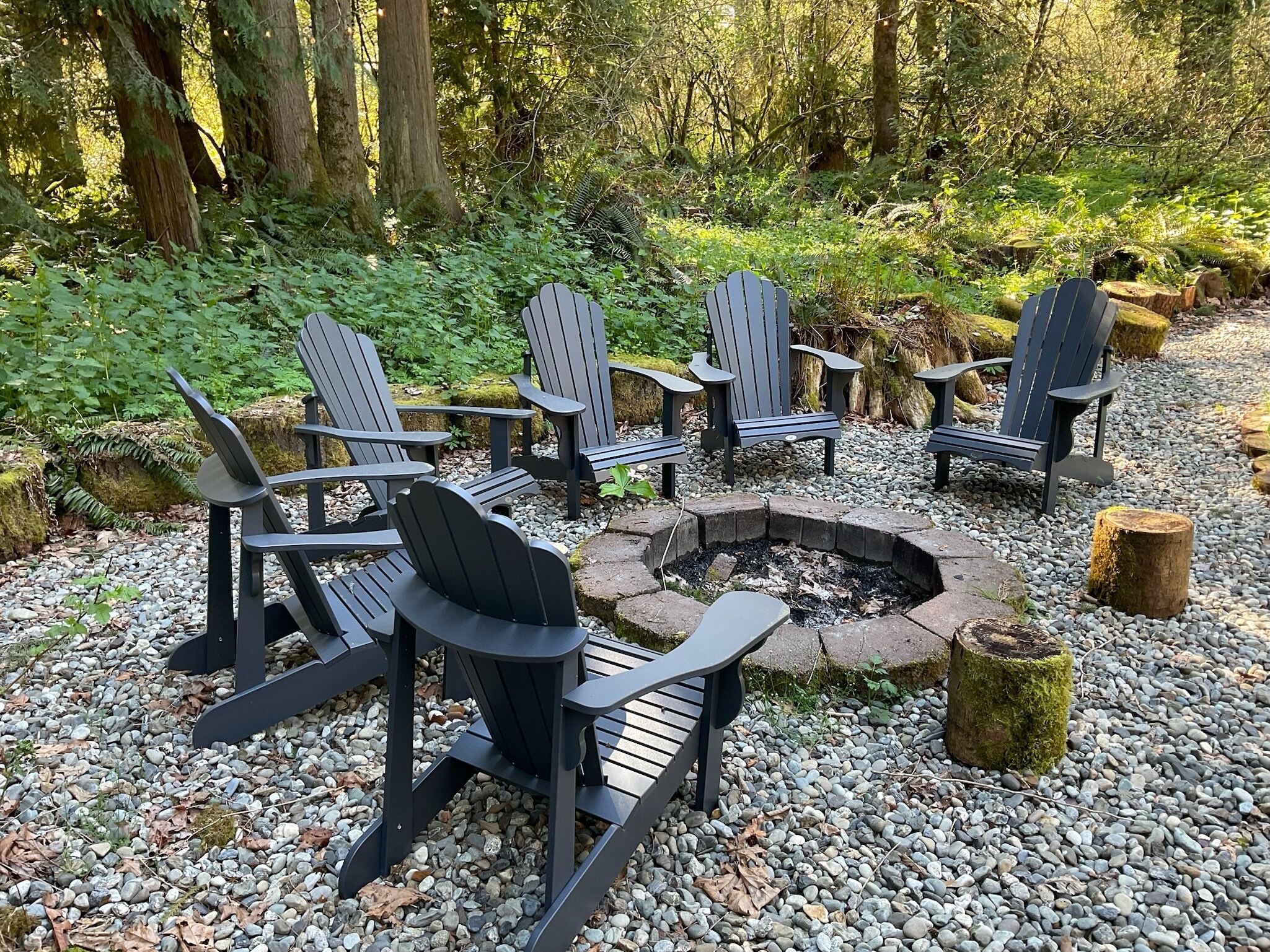 A fire pit surrounded by Adirondack chairs in a forested area with a gravel ground.