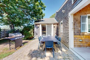 Outdoor dining - Tree-lined home with lovely yard, decks & private beach access - walk to town (West Hyannisport)