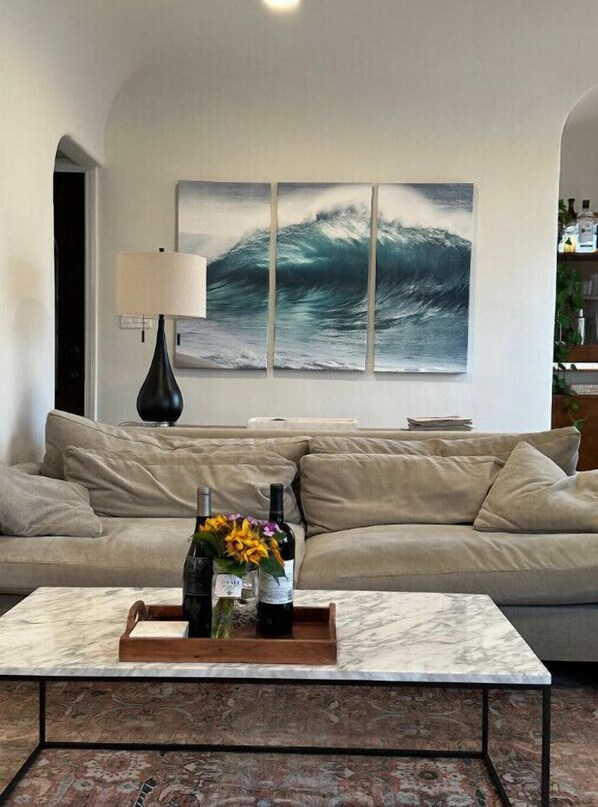 Smart TV, fireplace, books, printers