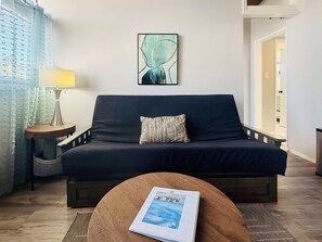 Smart TV, fireplace, books