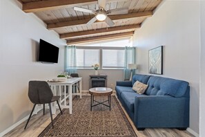 Smart TV, fireplace, books