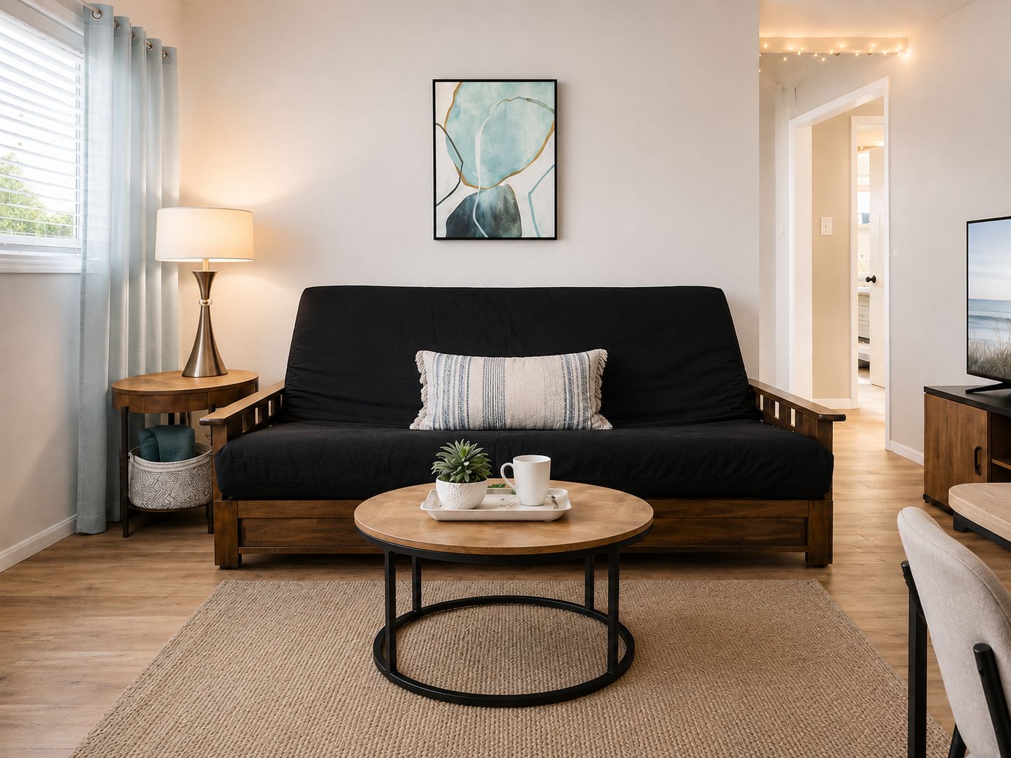 A modern living room with a black sofa, a round coffee table, a lamp, and a painting on the wall.