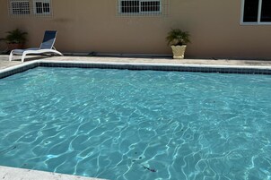 A clear swimming pool with a blue edge, a lounge chair, and potted plants.