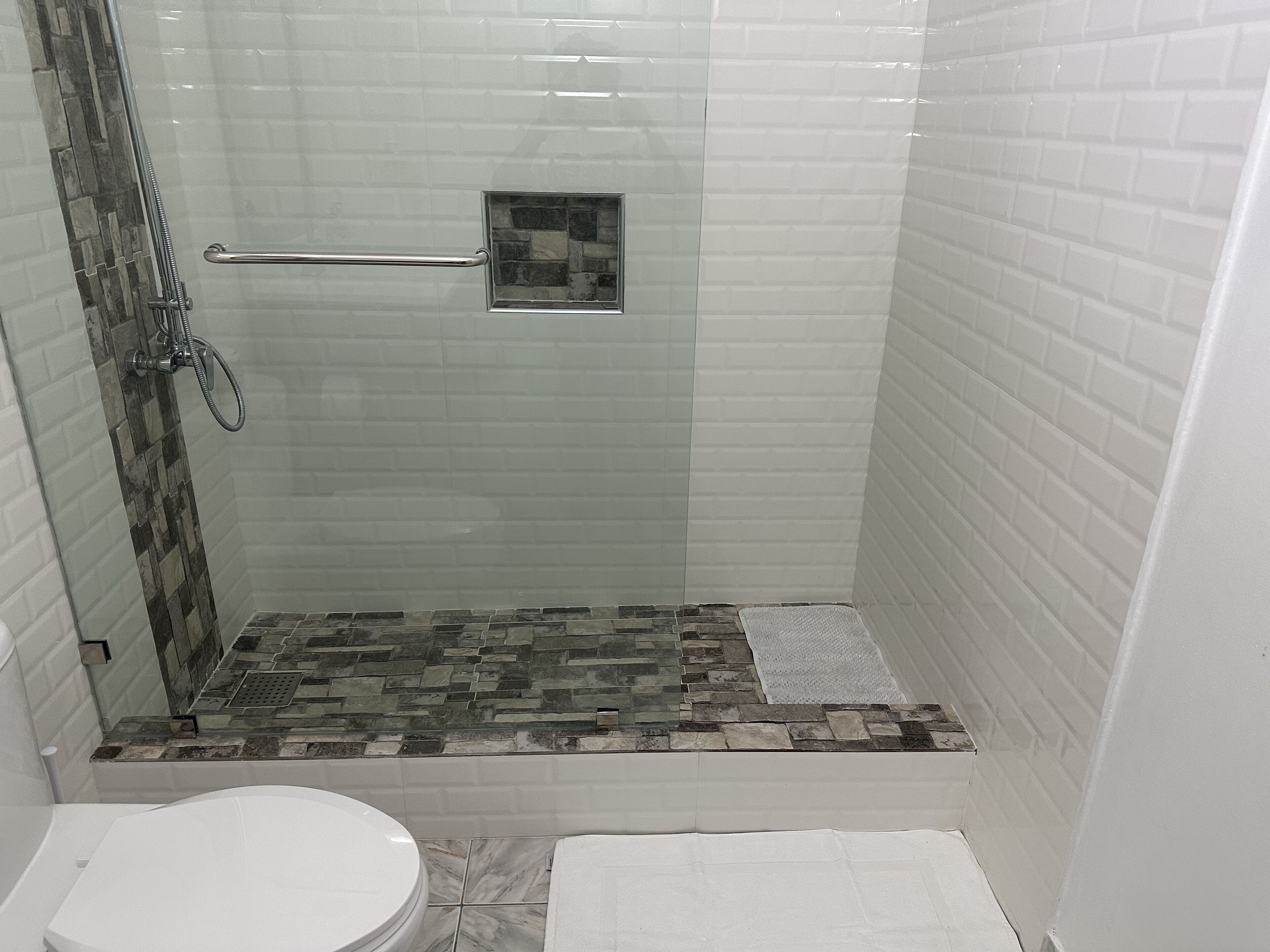 A shower with a glass door, a metal handrail, and a small square mirror.