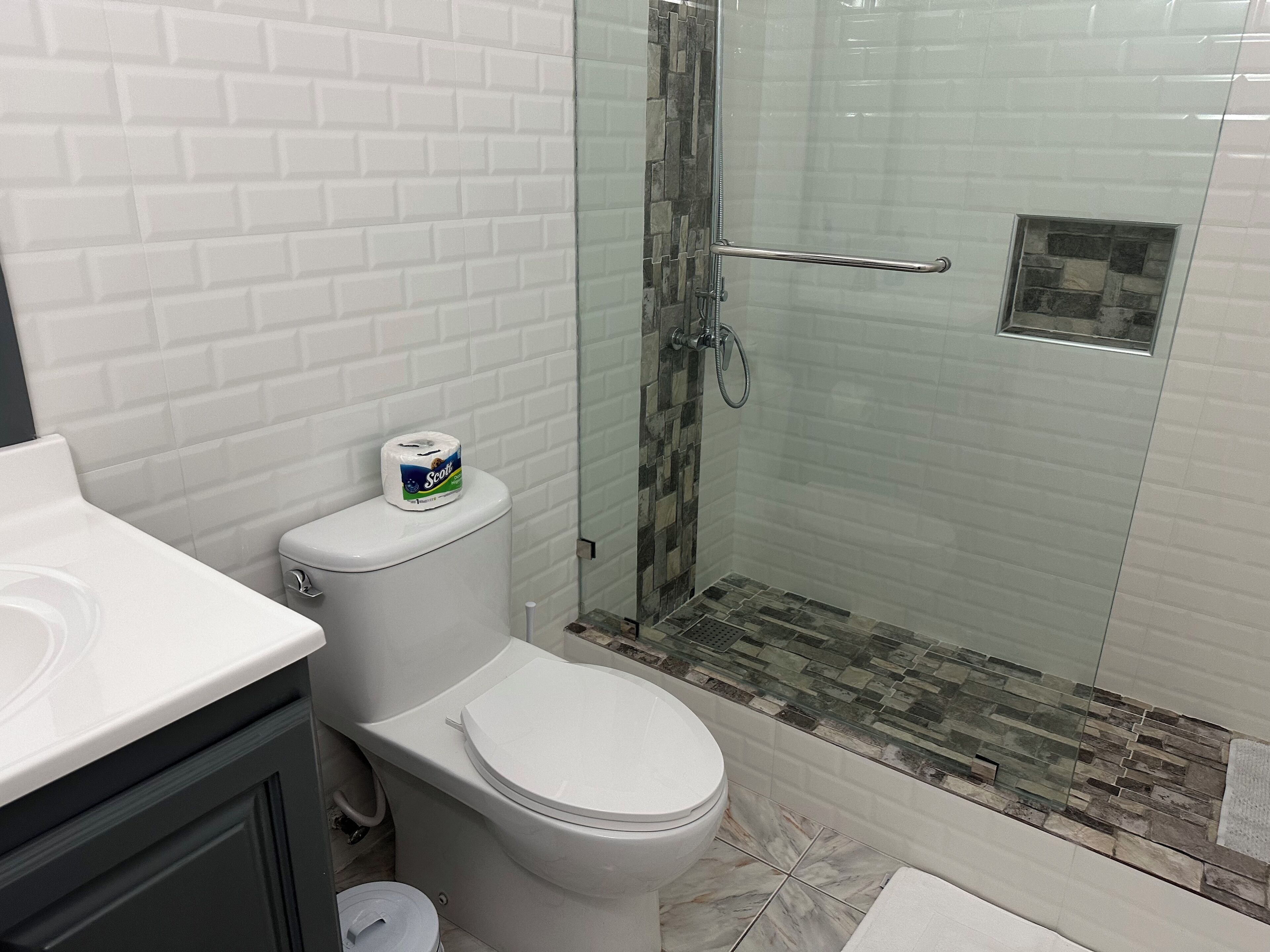 A bathroom with a white toilet, a shower with a glass door, and a sink.