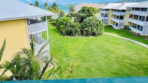 Un hotel con piscina, rodeado de exuberante vegetación y vistas al océano.