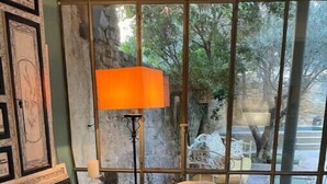 Une pièce chaleureuse, avec un fauteuil à motifs, une lampe sur pied et une vue sur un jardin rocheux, visible à travers une fenêtre ornée d’une grille métallique.