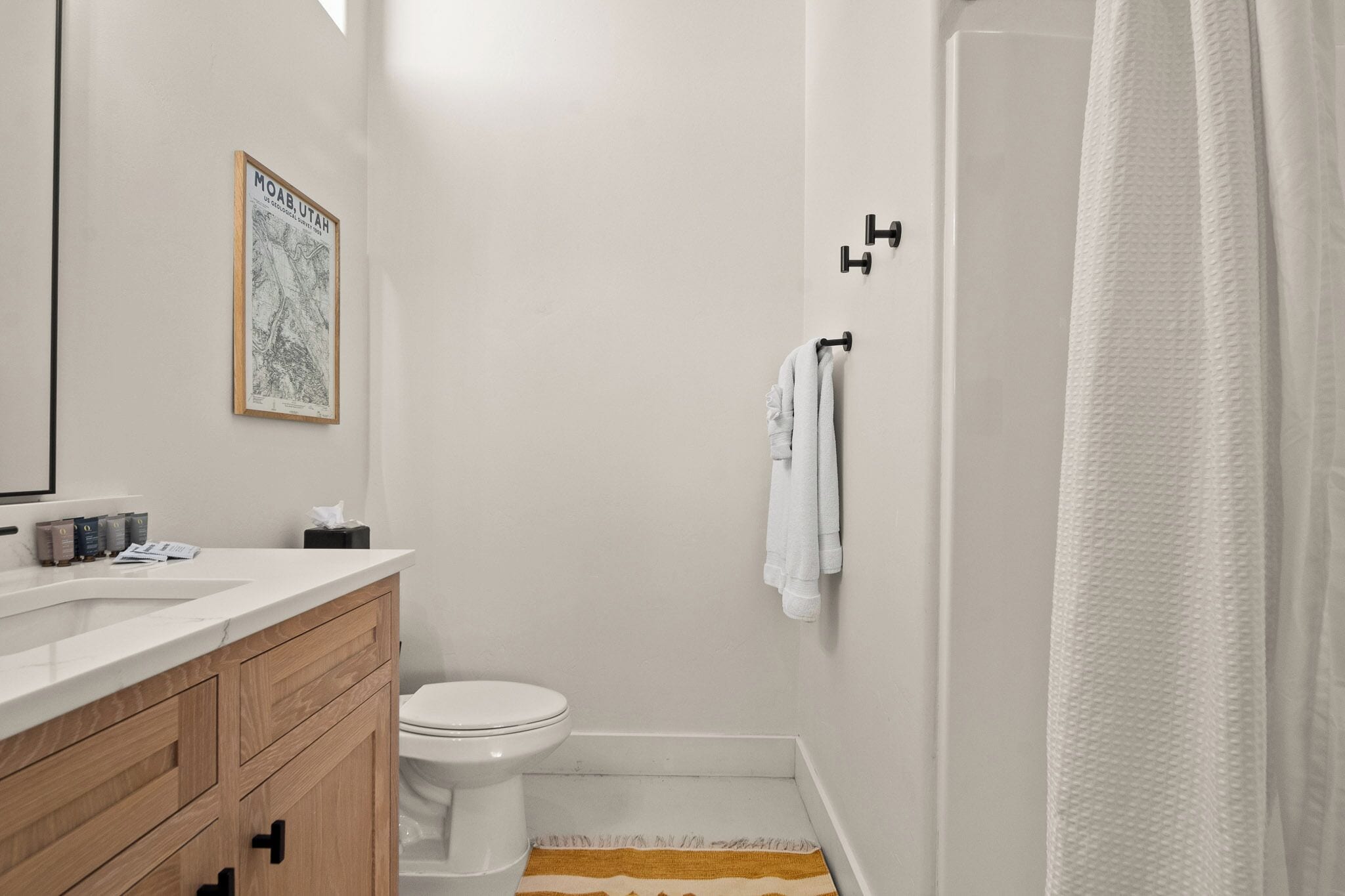 A modern bathroom with a white sink, wooden vanity, a toilet, a shower with a white curtain, and a framed map on the wall.
