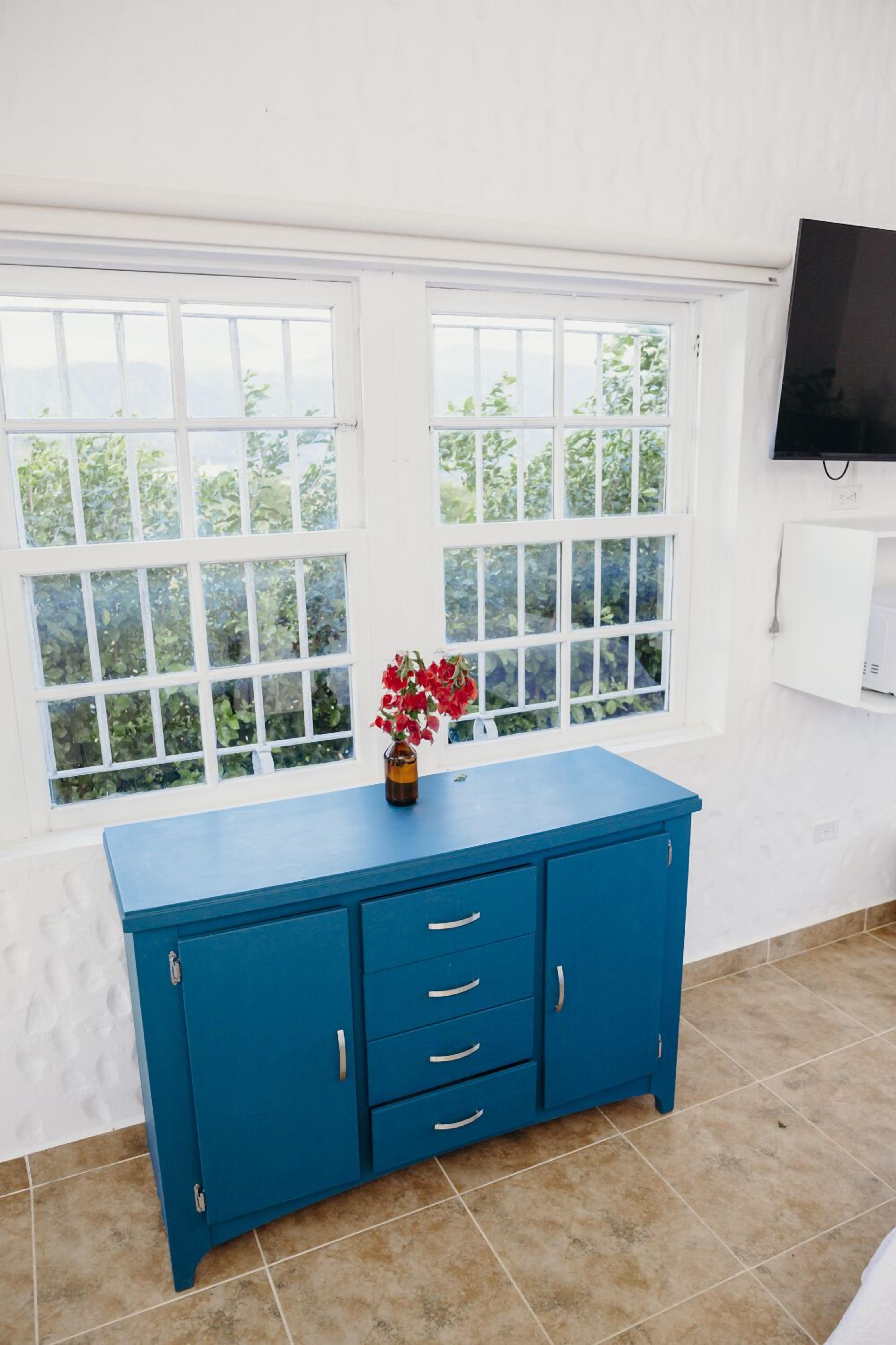 A room with a blue cabinet, a vase with red flowers, and a TV on the wall.