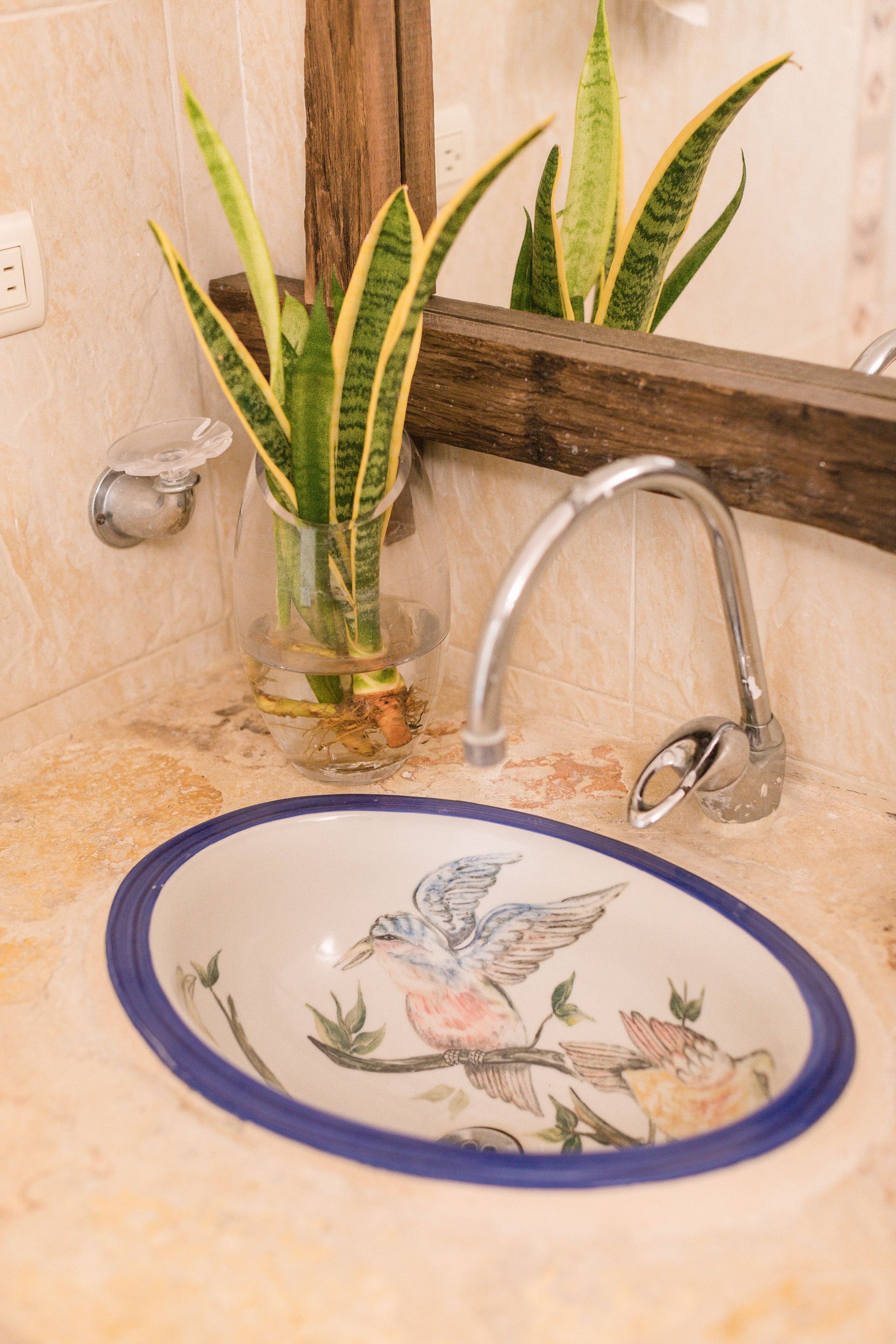 A bathroom sink with a bird-themed bowl, a wooden plant stand, and a mirror above the sink.