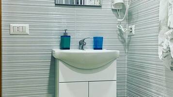 Shower, hair dryer, bidet, towels