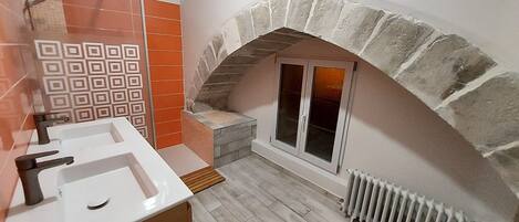 Shower, hair dryer, soap, shampoo