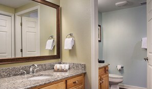 Shower, jetted tub, hair dryer, towels