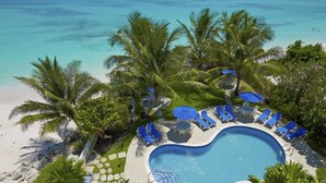 A heart-shaped pool surrounded by palm trees and blue lounge chairs with umbrellas, overlooking a beach.