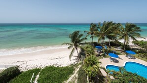A beachside resort with a swimming pool, palm trees, and beach chairs.