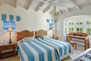 A bedroom with a large bed, two bedside tables, a desk, and a chair.