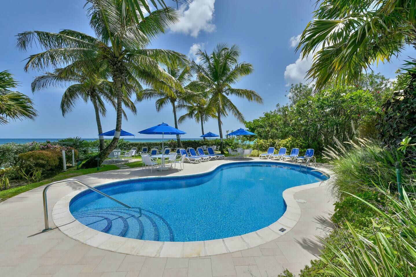 A pool with blue chairs and umbrellas, surrounded by palm trees and a view of the ocean.