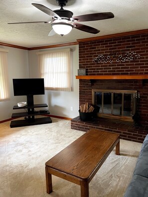 Smart TV, chimenea, reproductor de DVD y libros 