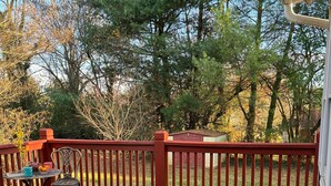 A red deck with a table and chairs, surrounded by a wooden fence and trees. - Lynchburg Family Living - close to Liberty University and dining options (Lynchburg)