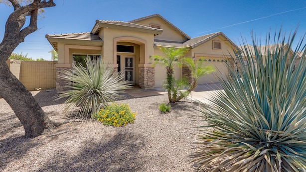 A house with a beige exterior, a stone foundation, and a front entrance. There are two yucca plants and a small bush with yellow flowers in the front yard. - Golfer's Oasis w/ Heated Pool in Avondale! (Avondale)