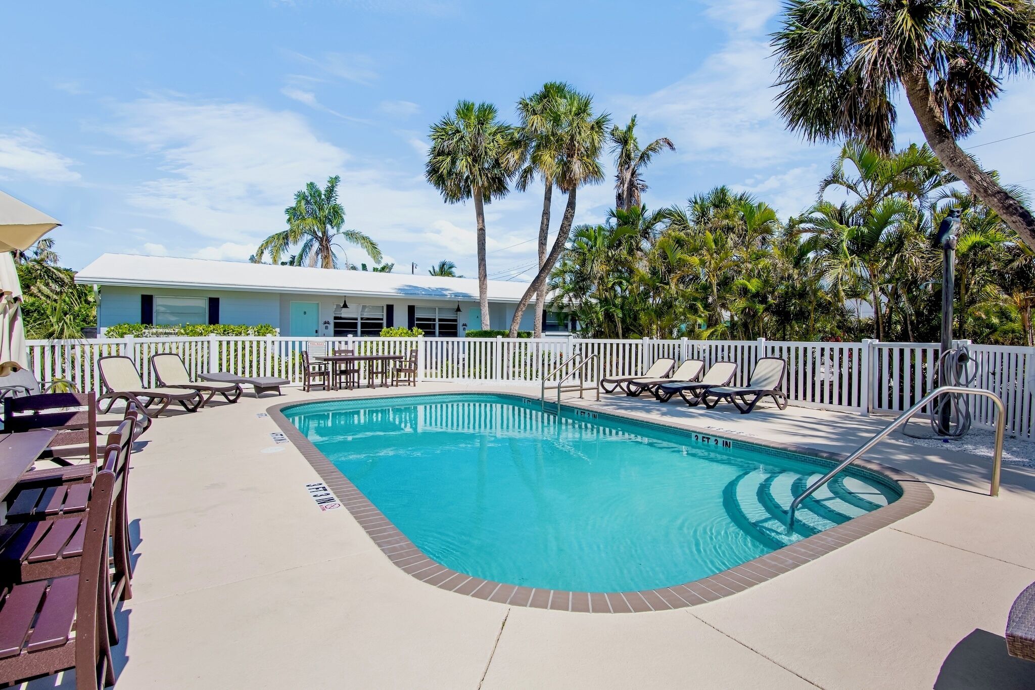 A swimming pool with lounge chairs and a white fence, surrounded by palm trees and a building in the background.