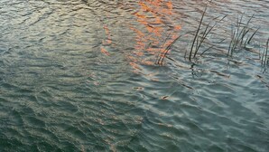 Due persone in canoa su un fiume calmo, con montagne sullo sfondo e il sole al tramonto.