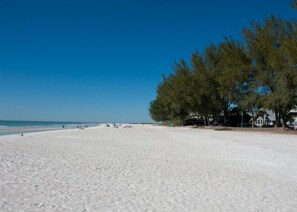 A beach with white sand, clear blue sky, and a few trees.