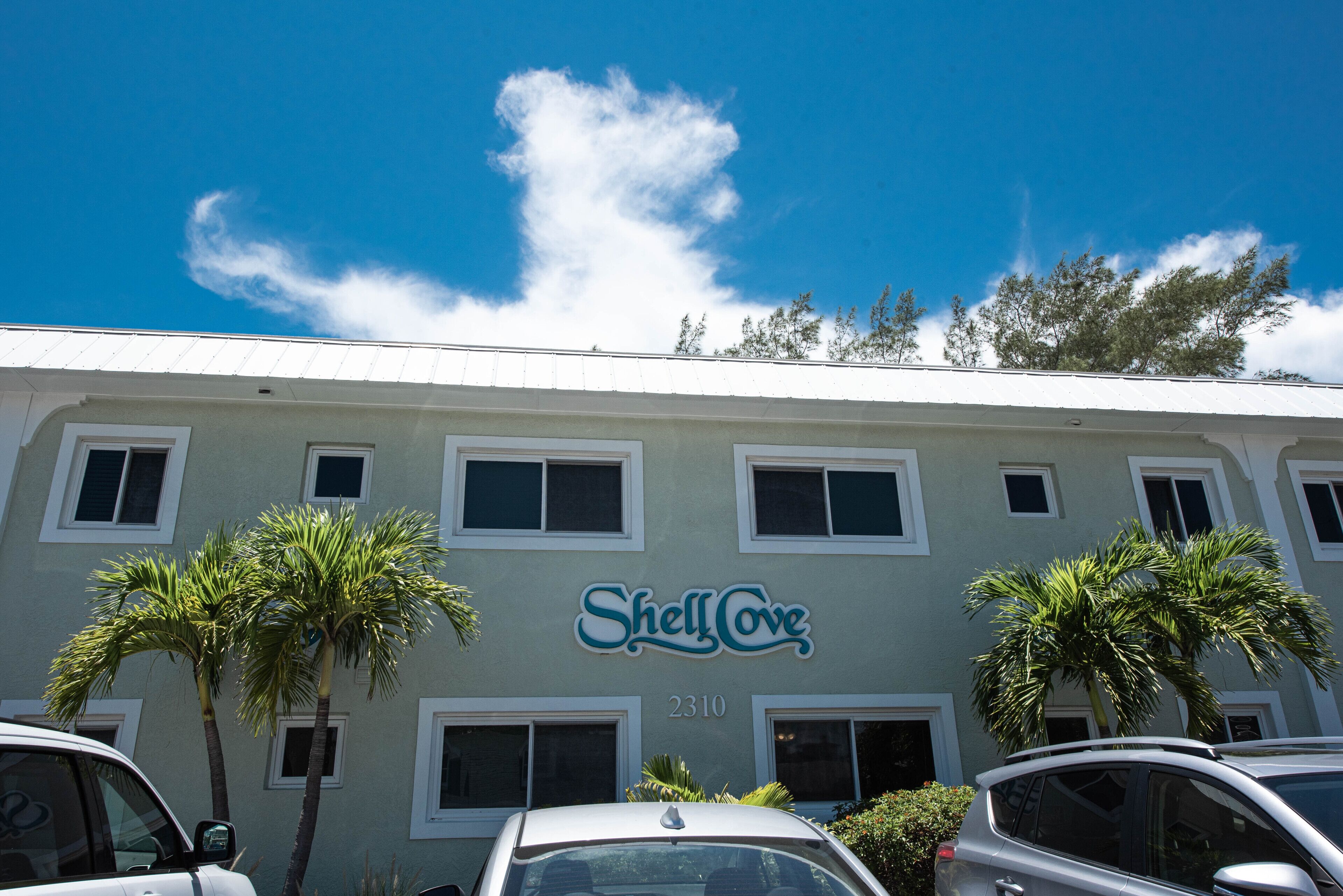 A building with the Shell Cove sign, featuring a row of windows and palm trees in front.