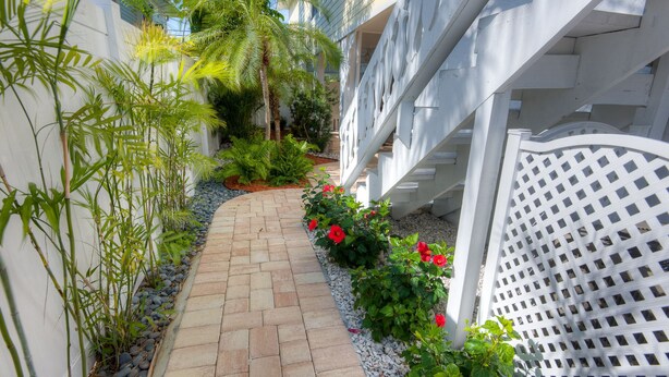 A narrow pathway with a brick surface, flanked by greenery and a white lattice fence.