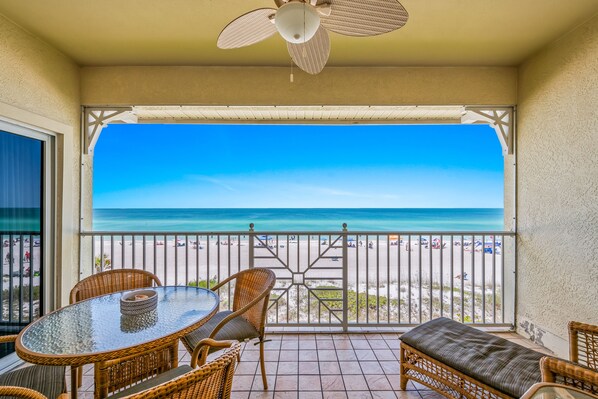 Outdoor dining - Direct Beachfront Condo! Private Balcony, Amazing Views! Community Pool (Bradenton Beach)