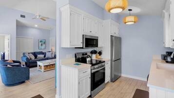 Microwave, stovetop, dishwasher, coffee/tea maker