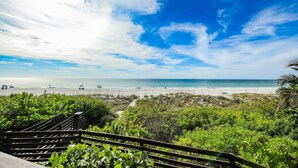 A beach view with a wooden walkway leading to the shore, surrounded by greenery.