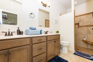 Hair dryer, towels, soap, toilet paper