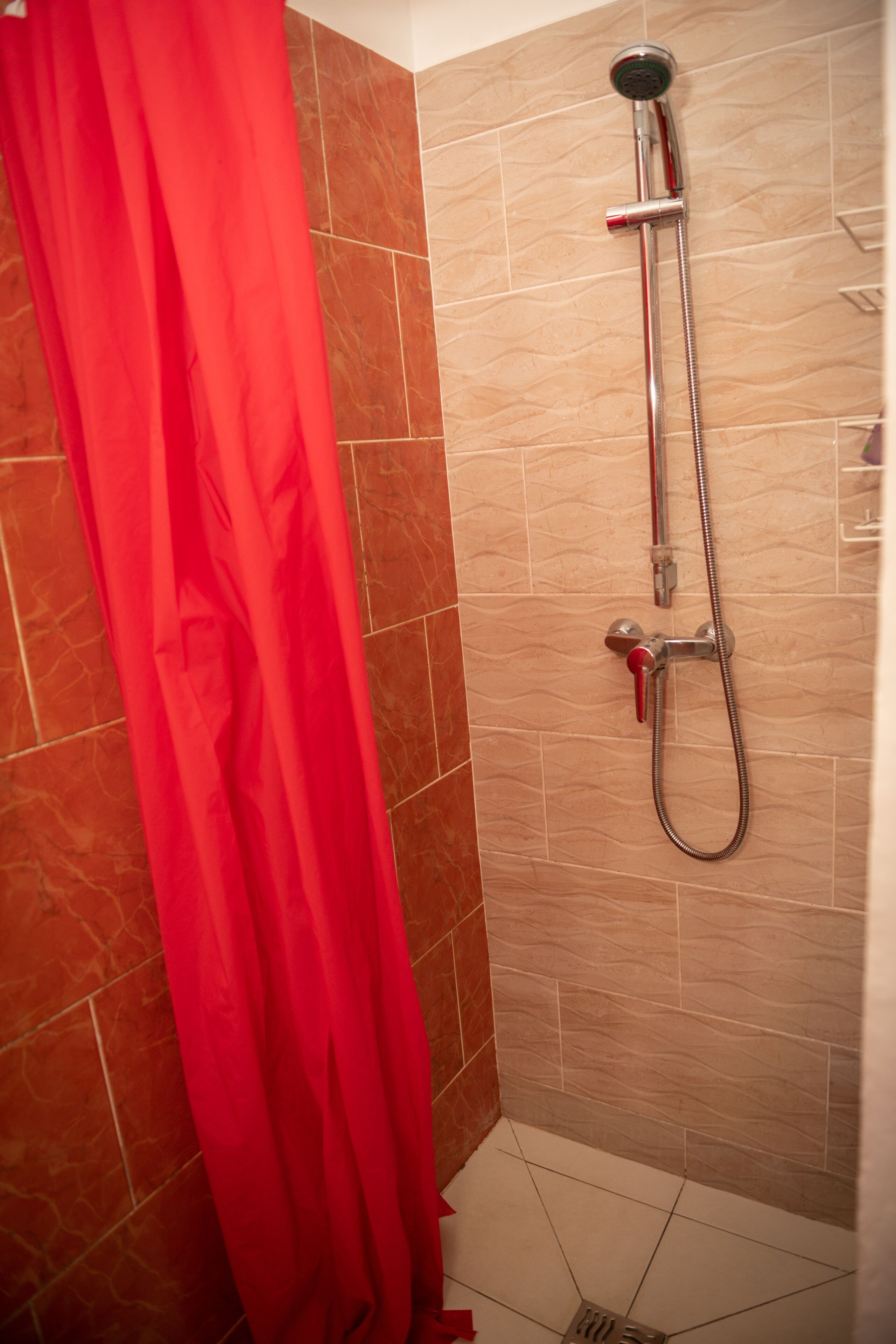 A shower with a red curtain, a handheld showerhead, and a wall-mounted faucet.