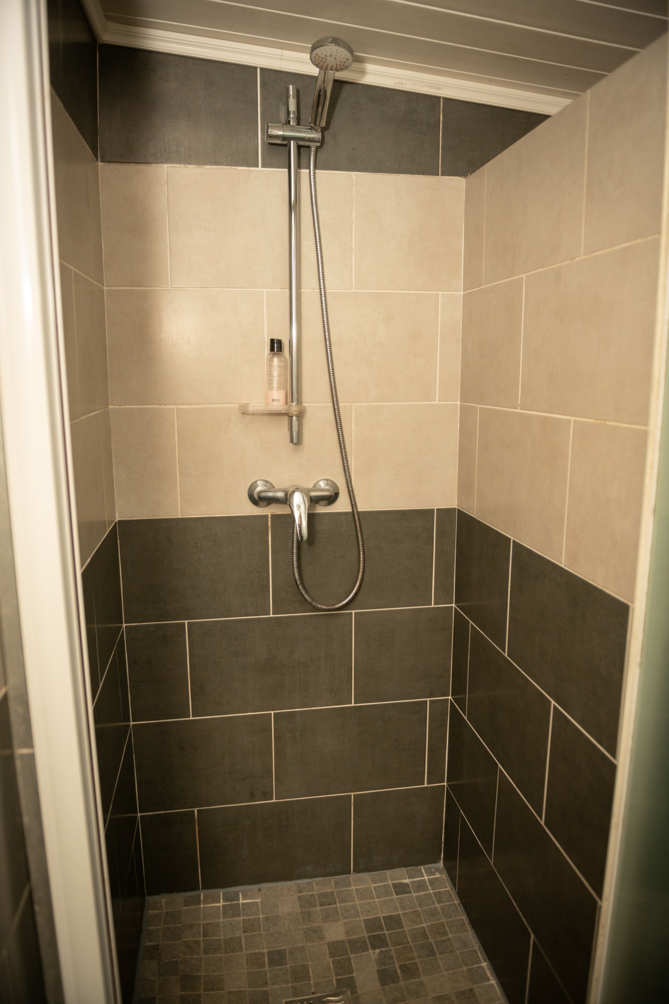 A shower with a handheld showerhead and a wall-mounted faucet.