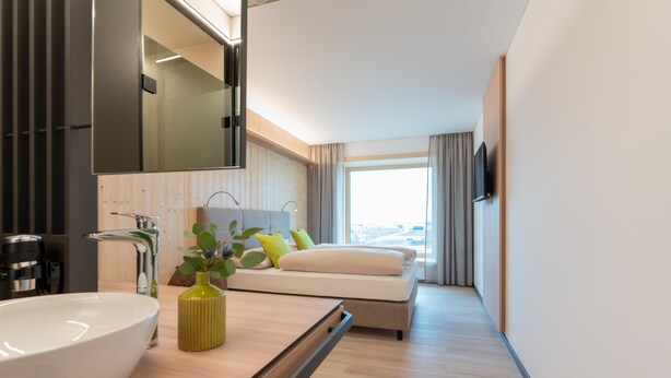 Un baño moderno con un lavamanos grande, un espejo y una planta.
