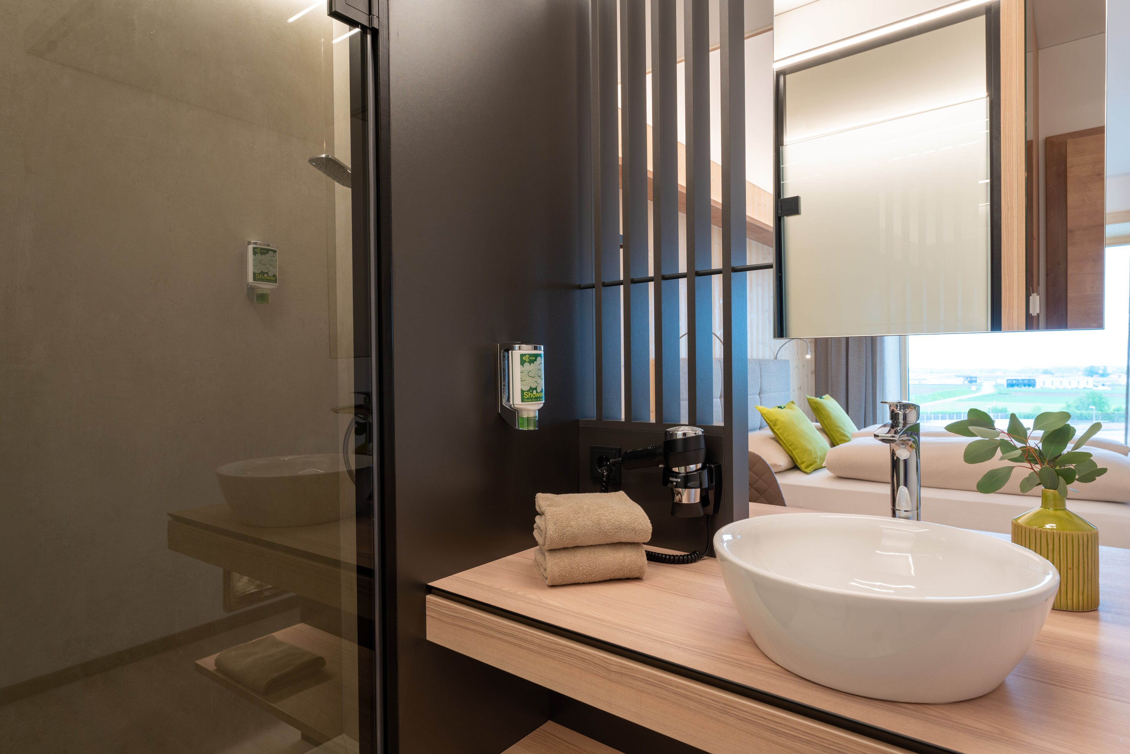 A modern bathroom with a glass shower enclosure, a white sink, and a large mirror.