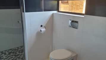 Un baño con inodoro, ducha y ventana con vista a un muro de ladrillo.