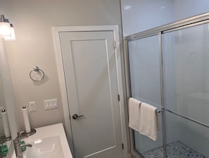 Shower, towels, soap, shampoo
