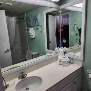 Baignoire, sĂšche-cheveux, serviettes fournies, shampoing