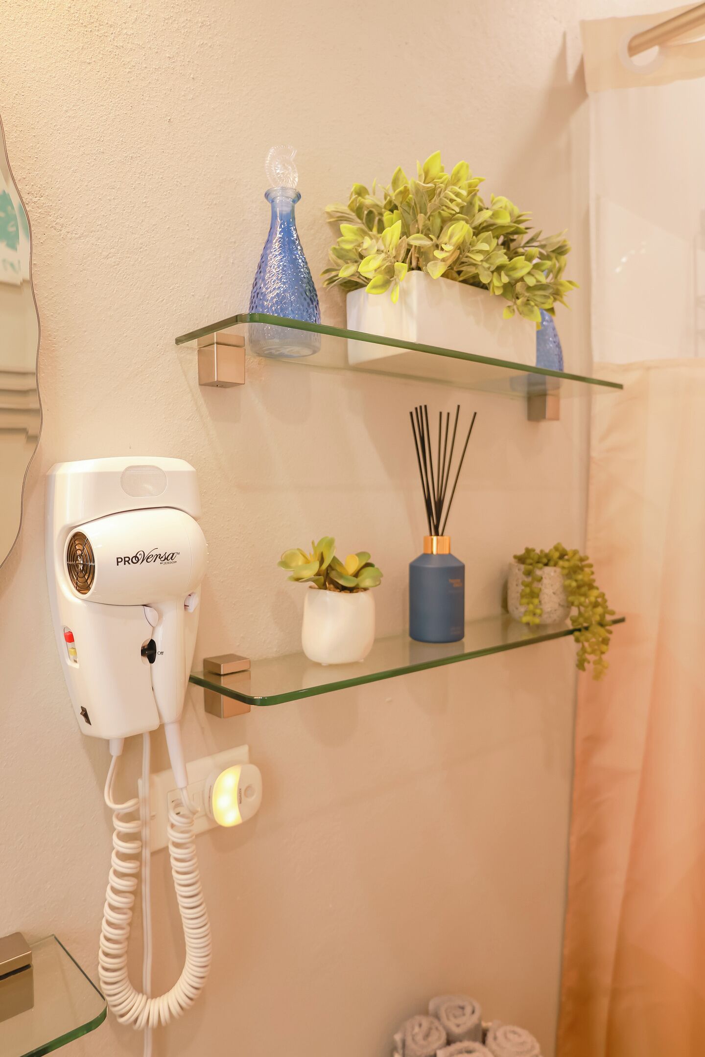 Un secador de pelo sobre un estante de pared, una pequeña planta en maceta, y un estante de vidrio con más plantas y un difusor de caña.