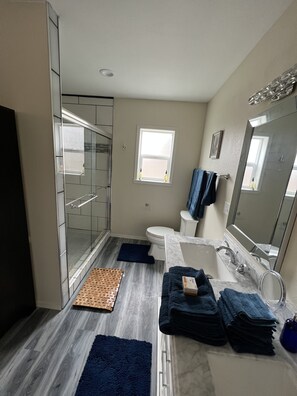 Shower, hair dryer, towels, soap