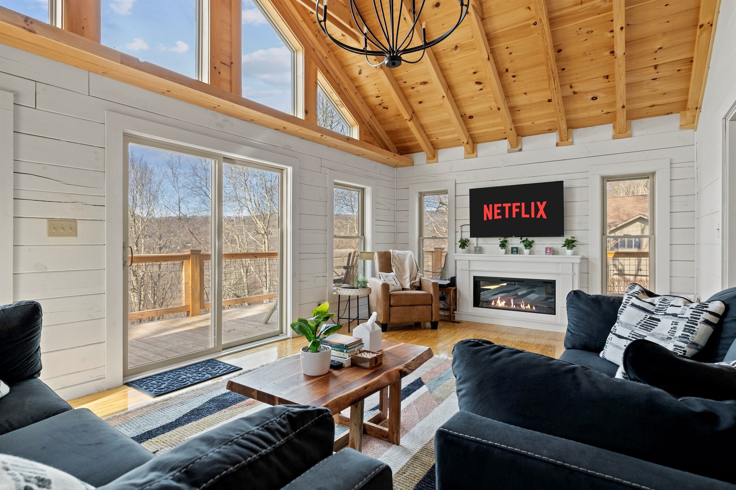 Smart TV, chimenea, videojuegos, libros