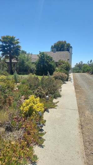 A pathway leading to a building with a sloped roof and a chimney.