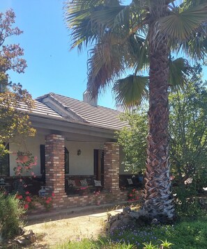 A house with a brick porch, a palm tree, and a garden with flowers.