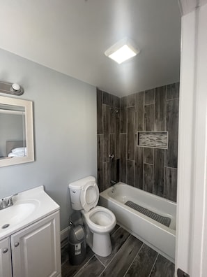 Hair dryer, towels, soap, shampoo