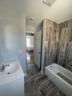 Hair dryer, towels, soap, shampoo