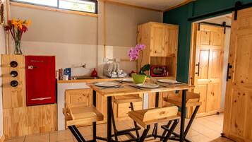 Mini-fridge, microwave, coffee/tea maker, electric kettle