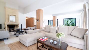 TV connectée, cheminée, table de tennis de table, livres